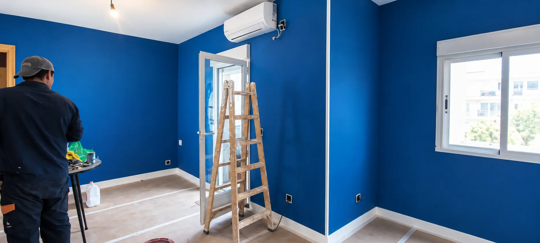 Pintor aplicando el acabado azul en las paredes de una habitación