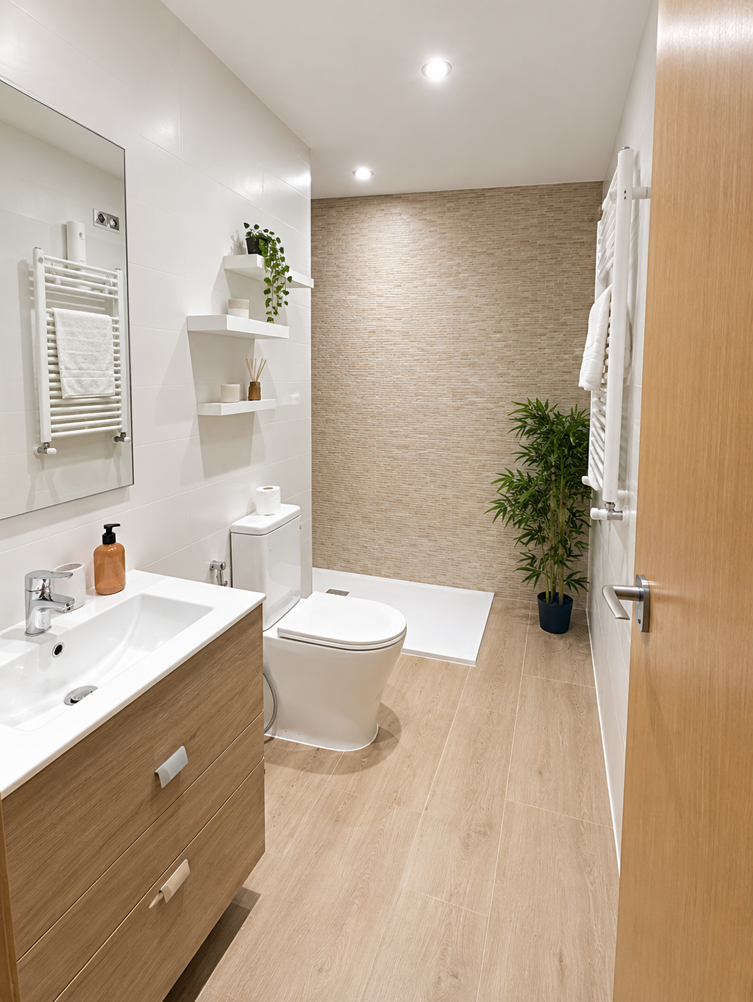Baño reformado con plato de ducha, mueble de madera y pared de piedra natural