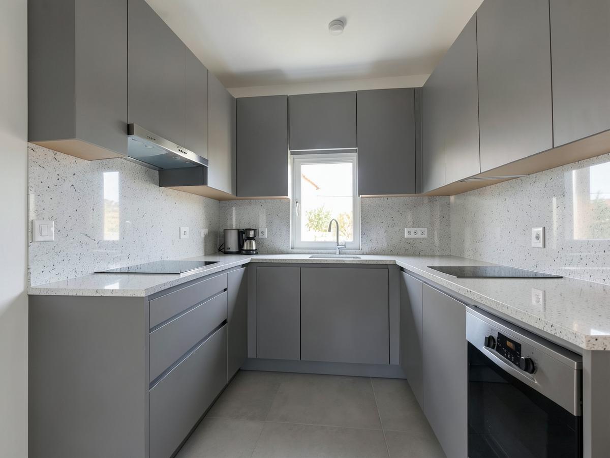 Cocina reformada con muebles grises y encimera clara