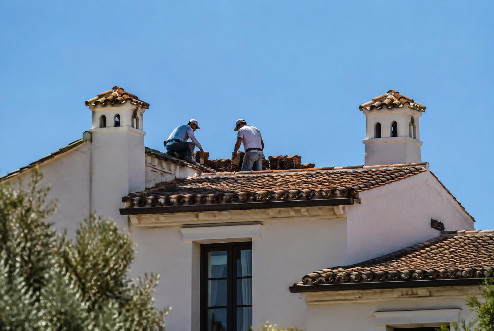 Operarios renovando un tejado de teja